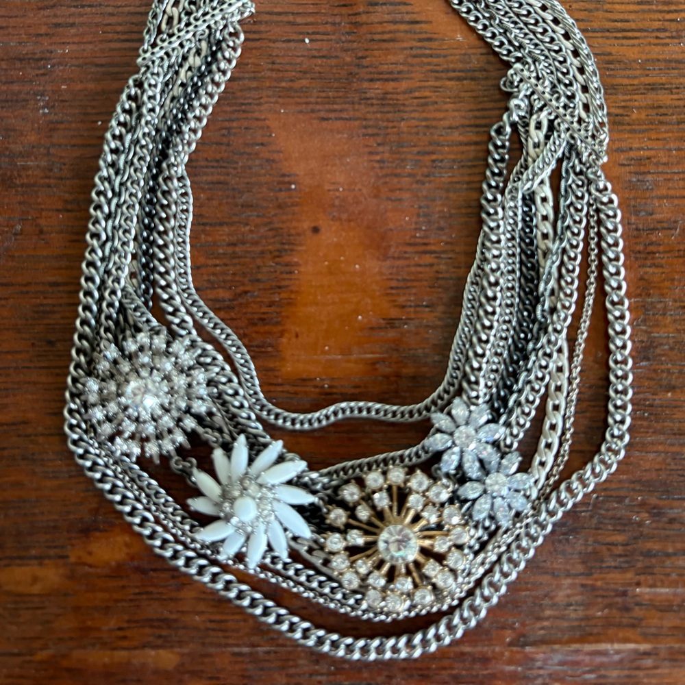 Stella & Dot Silver “Metropolitan” Multi-Chain Statement Necklace;Floral Accents